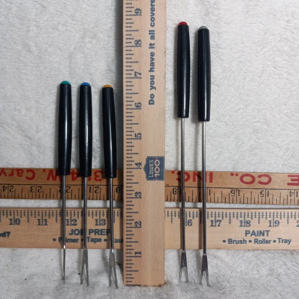 Set of 5 Fondue Forks Color Coded Black Plastic Handle Vintage 7.0